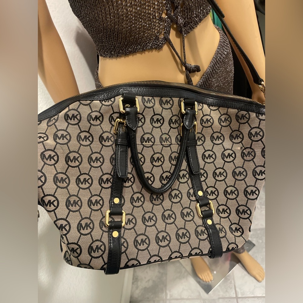 Michael Kors Beige and Black MK Logo with Gold Hardware Bedford monogram bag